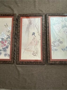 VTG Asian Japanese Woman Print  Geisha Fishing, butterflies flowersFramed Art